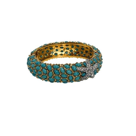 Kenneth Jay Lane Jewelry - Kenneth Jay Lane Gold Blue Cabochon And Rhinestone Hinged Bangle Bracelet (6226
